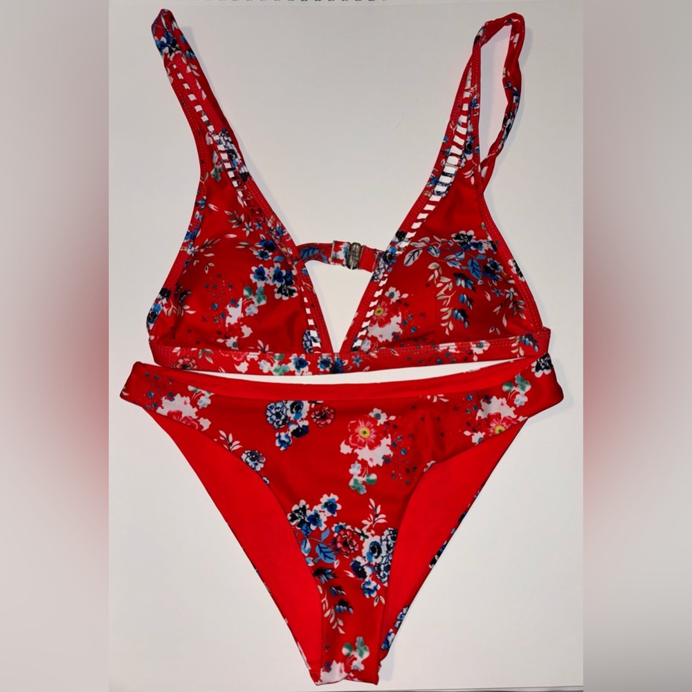 red & blue floral bikini set size L